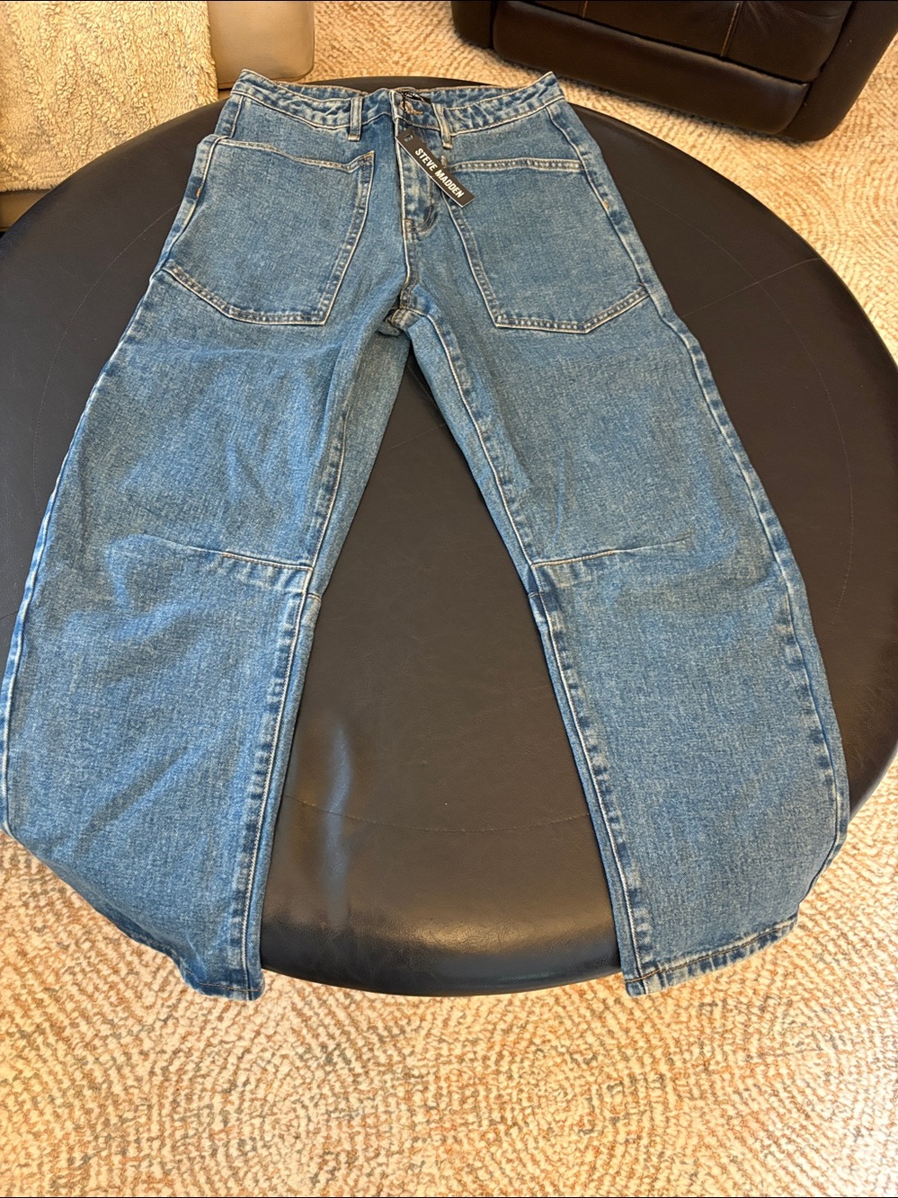 Steve Madden Relaxed Fit Light Blue Denim Jeans with Front Patch Pockets